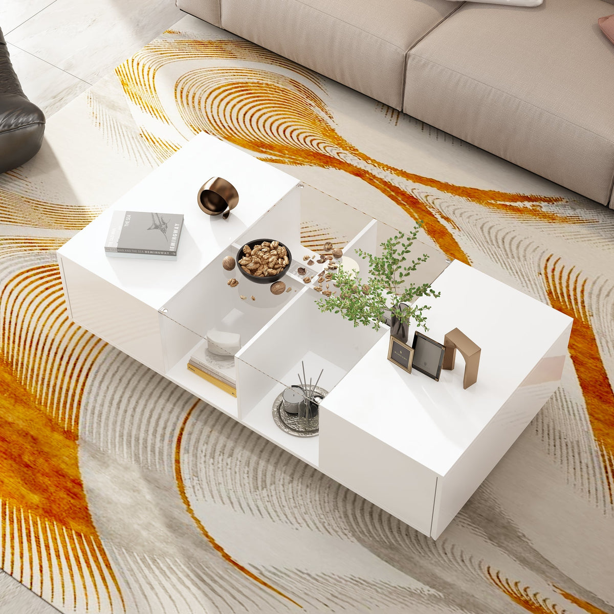 47.4" Modern Minimalist White Coffee Table with Storage And LED Lighting