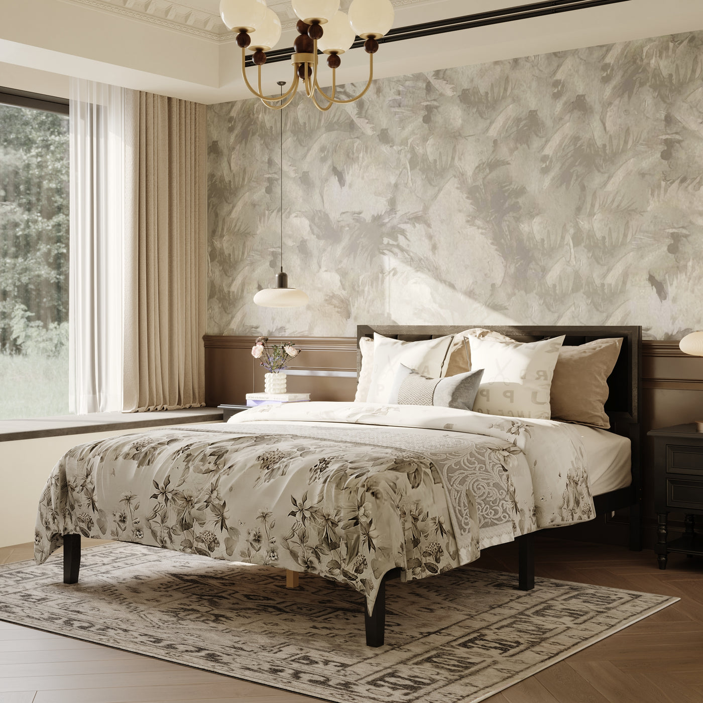 King-Size Modern Black Platform Bed with Linen Upholstered Headboard