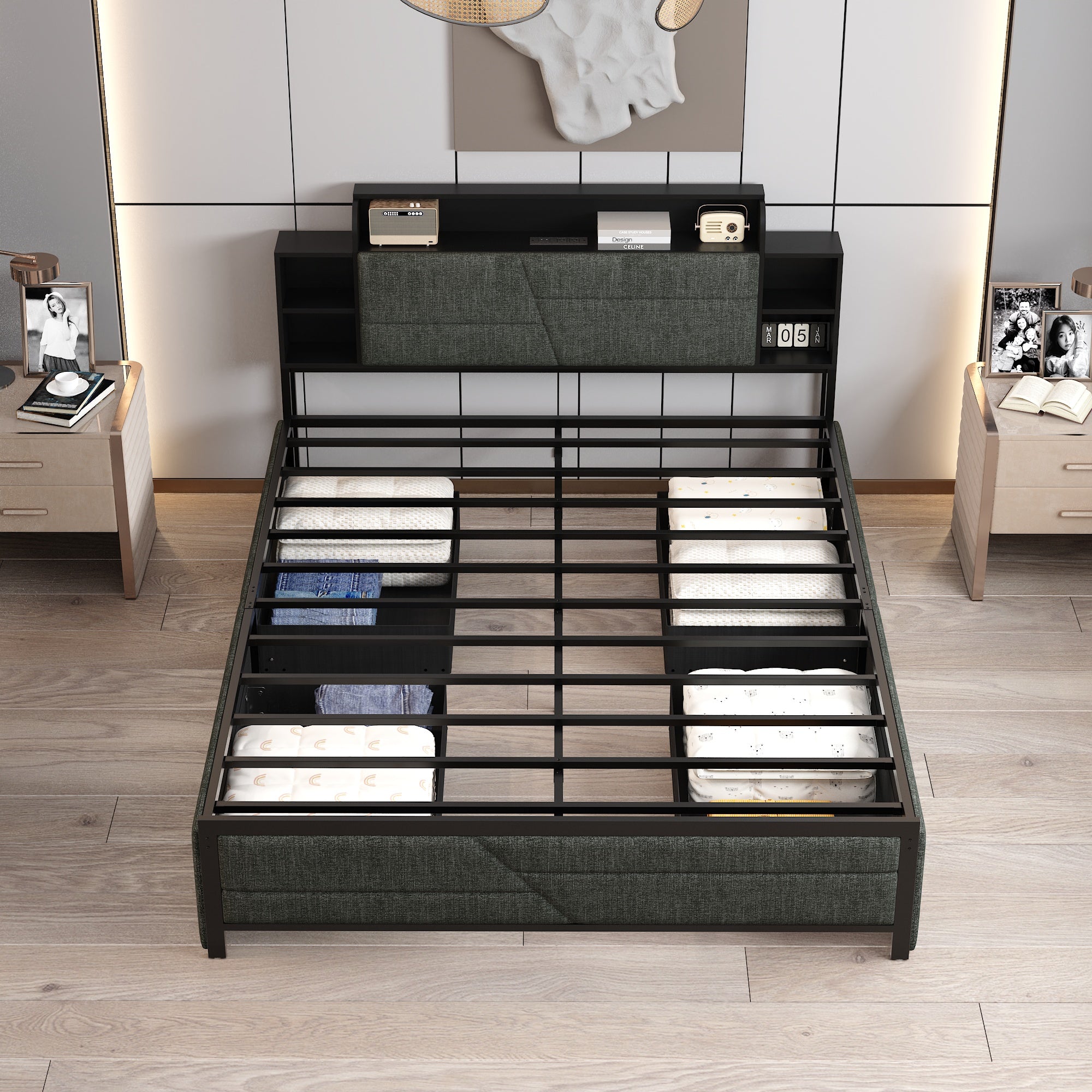 Low Profile Platform Bed With Storage Drawers And Power Outlet