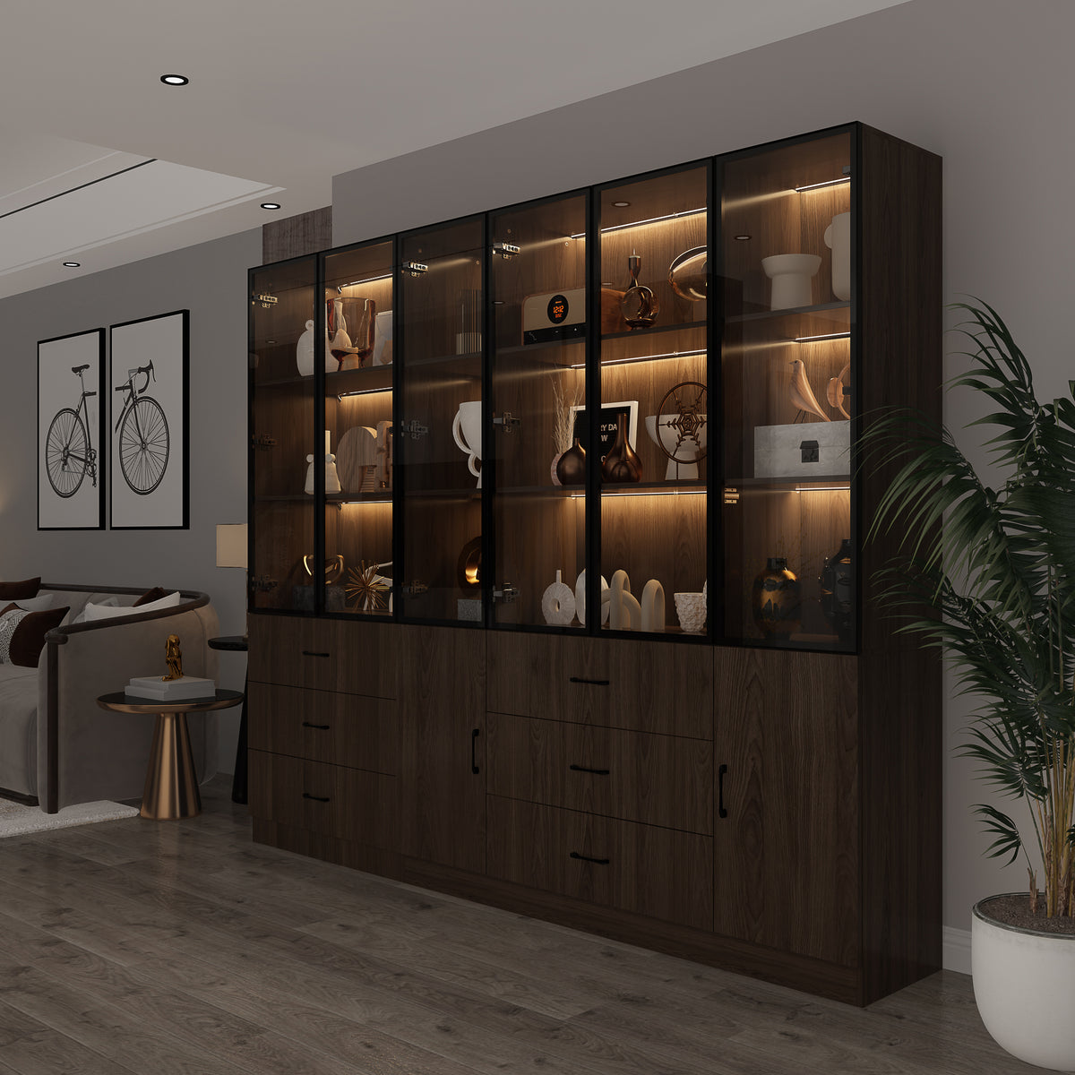 Geyma 94.4" Modern Brown Extra Wide Display Case with LED Lights & 6 Glass Doors