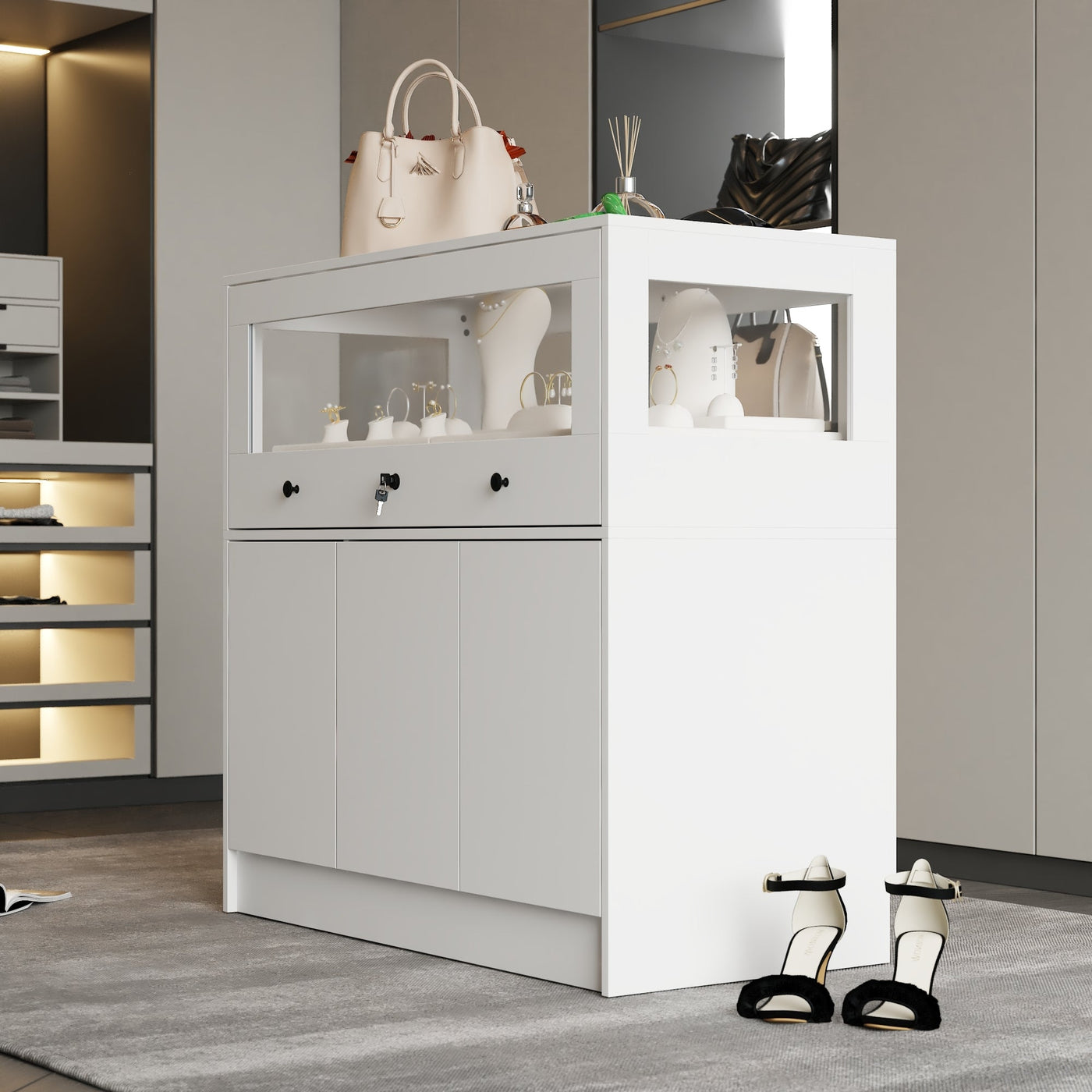 39.4" Modern Minimalist White Jewelry Display Cabinet With Lock And Tempered Glass