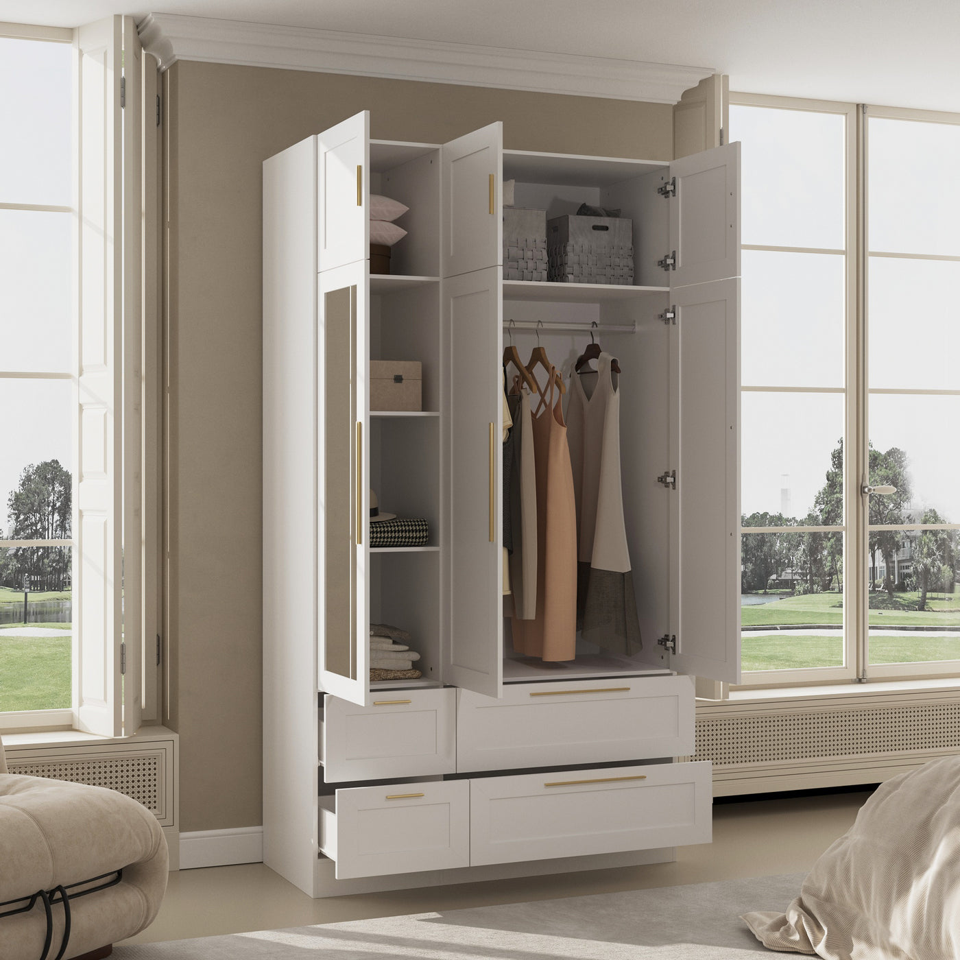 White armoire with mirror door, top cabinets, and lower drawers