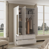 White armoire with mirror door, top cabinets, and lower drawers