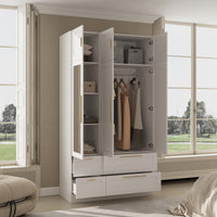 White armoire with mirror door, top cabinets, and lower drawers