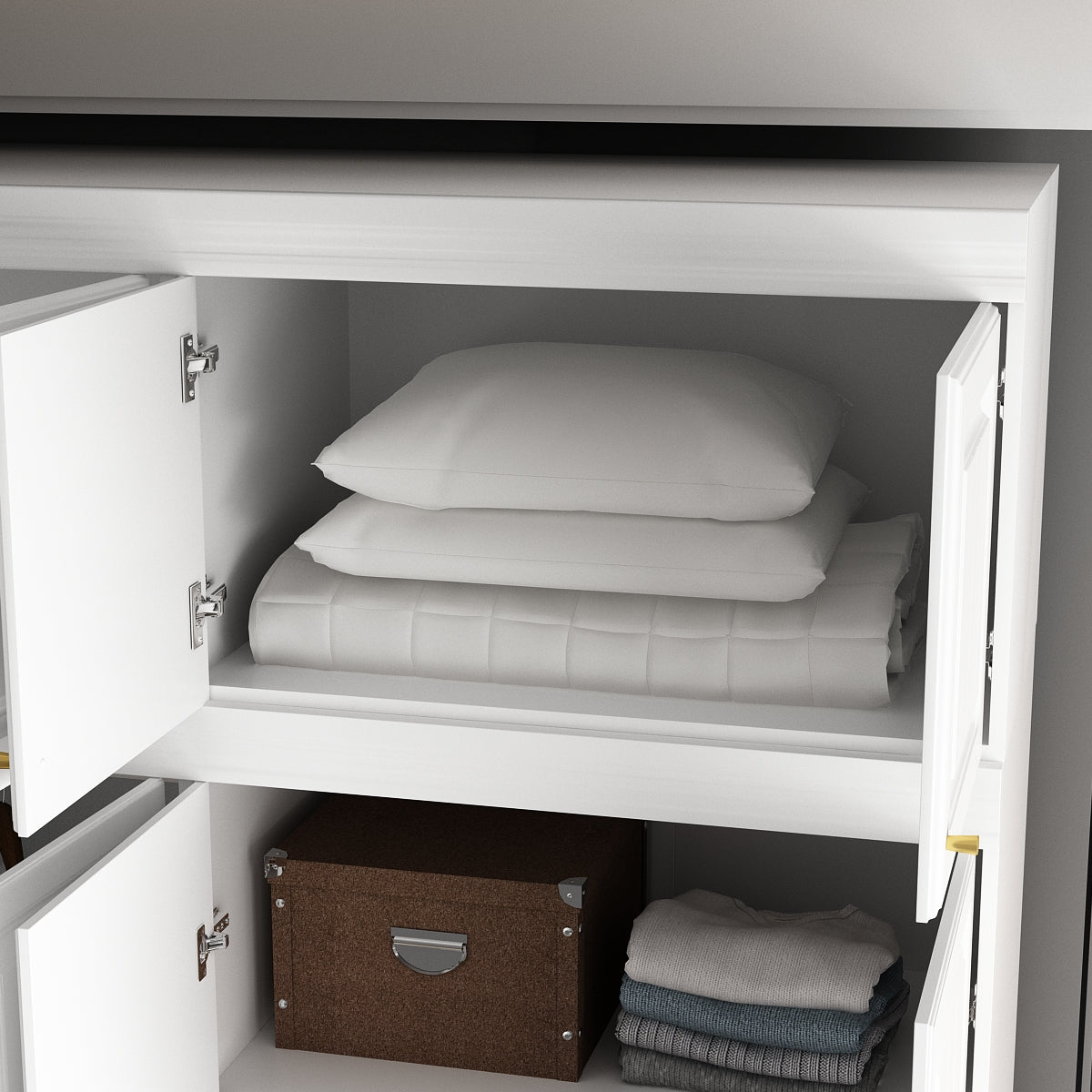 63" Modern White Vacuum-Formed Armoire with Top Cabinet, 4 Doors and 4 Drawers