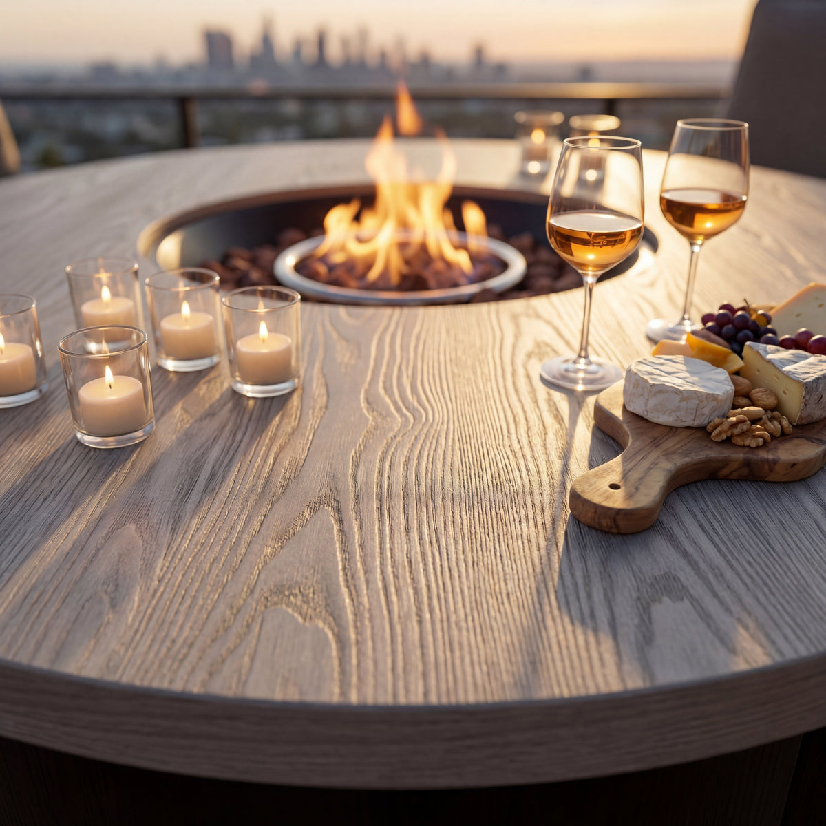 Outdoor setting with a fire pit, candles, wine glasses, and cheese platter on a wooden table.