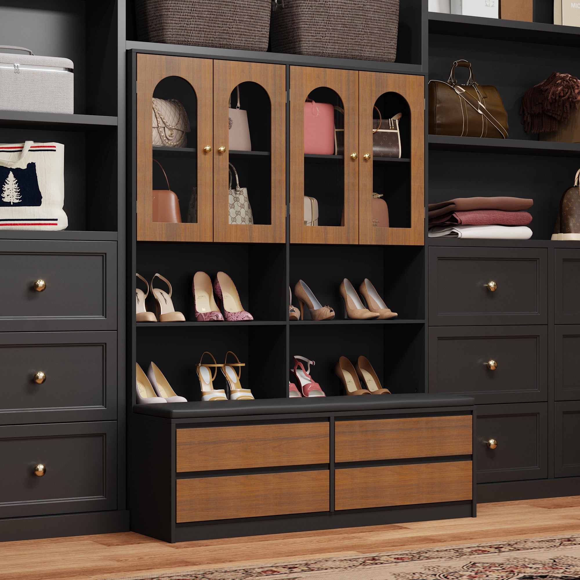 4 Glass Doors And 4 Drawers Closet System With Shoe Storage Bench