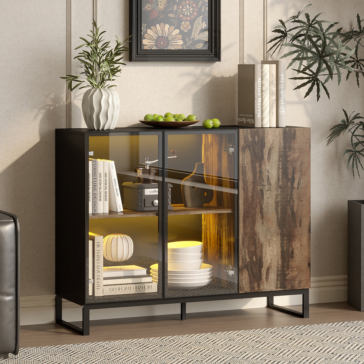 47.2" Black Sideboard Buffet Cabinet with LED Lights and Glass Doors