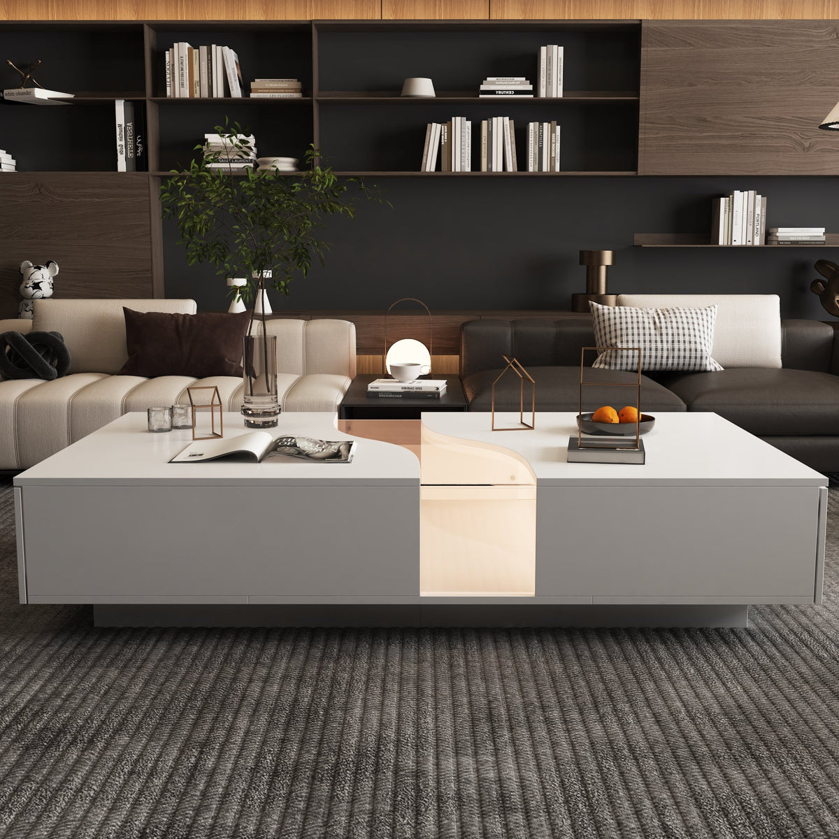 55.1" Modern White Coffee Table with Dual-Sided Drawers and Lighted Glass Center