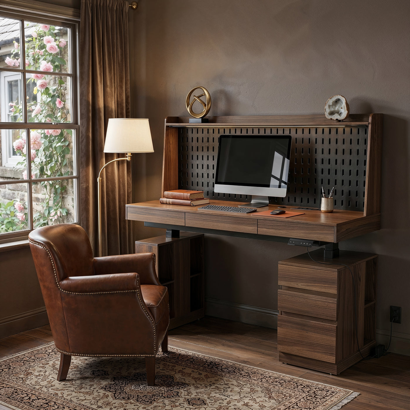 59" Walnut Wood Electric Height Adjustable Standing Desk with Pegboard, Power Strip, Keyboard Tray, 3 Drawers and Open Storage Shelves