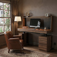 59" Walnut Wood Electric Height Adjustable Standing Desk with Pegboard, Power Strip, Keyboard Tray, 3 Drawers and Open Storage Shelves