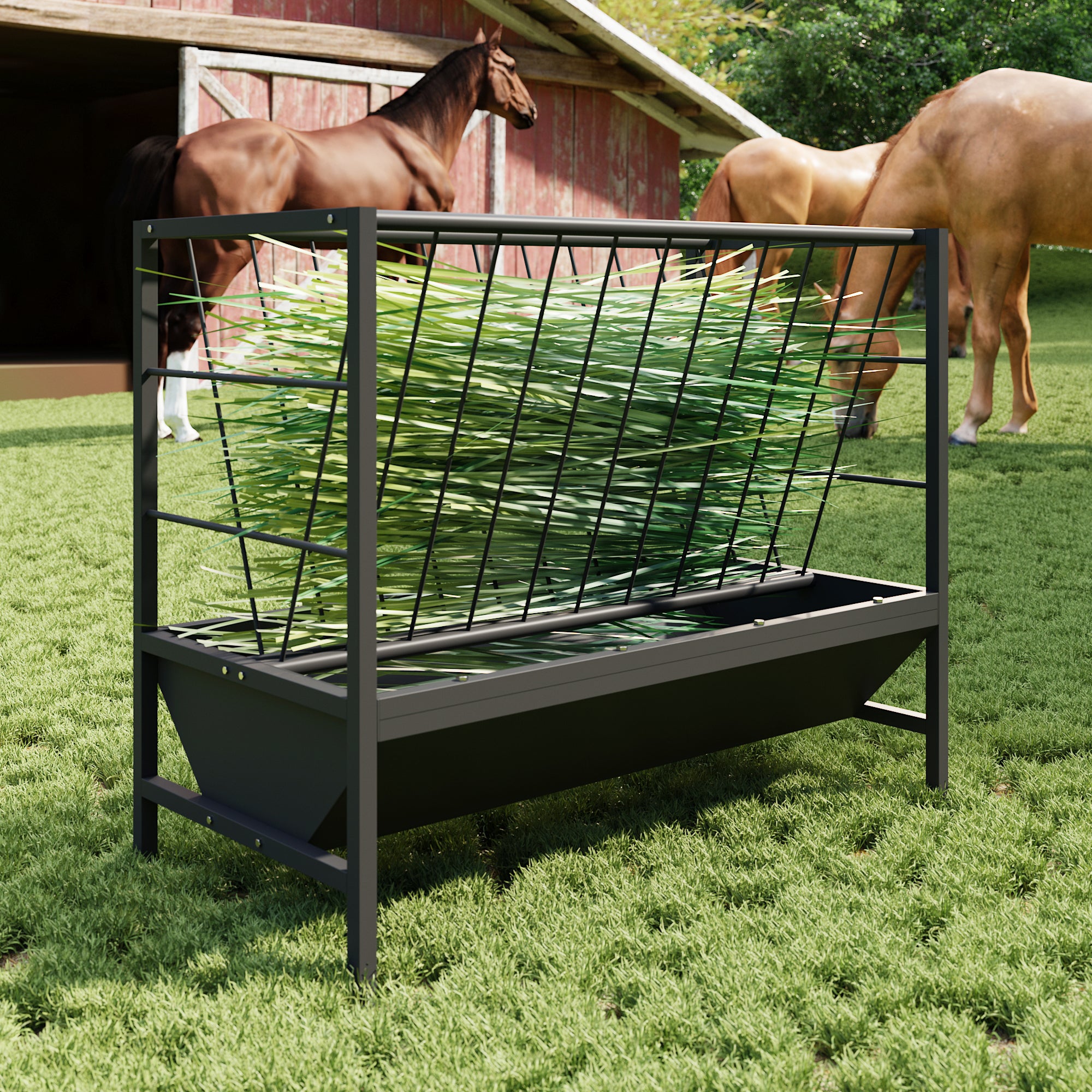 Horse eating from a hay feeder in front of a red barn