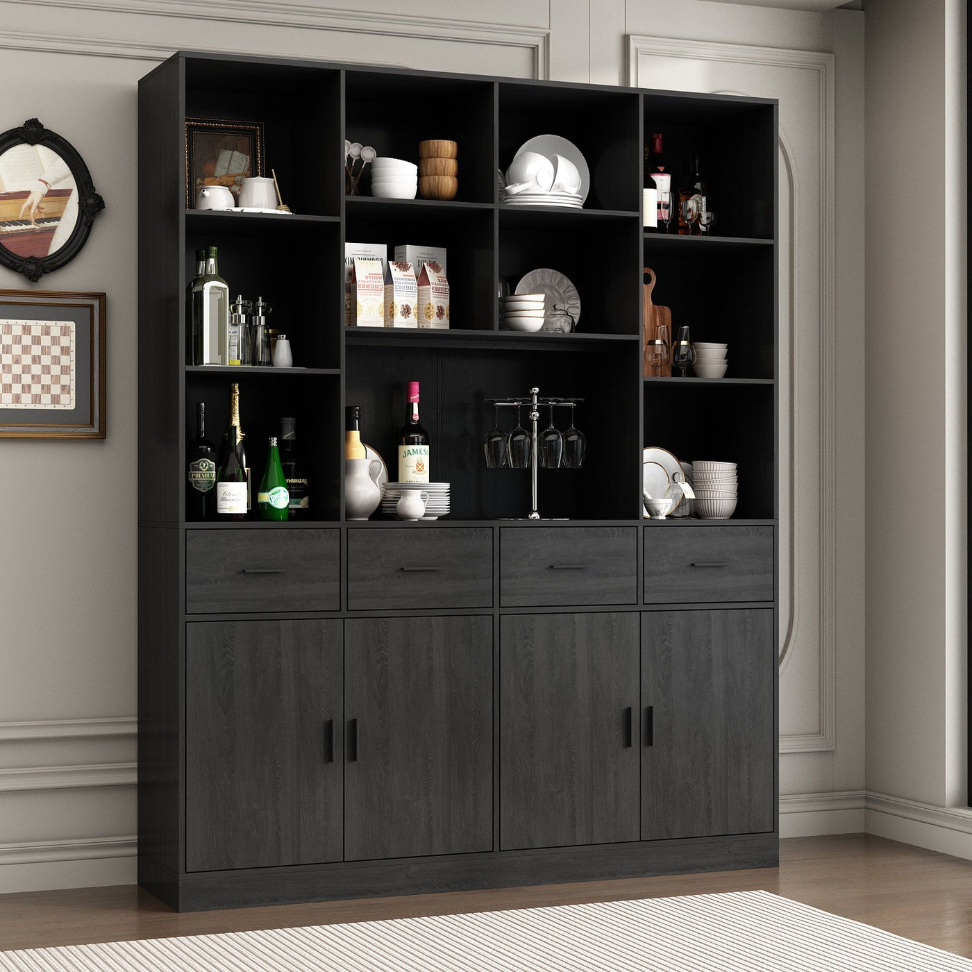78.7" Modern Dark Gray Kitchen Pantry With 4 Drawers, Adjustable Shelves