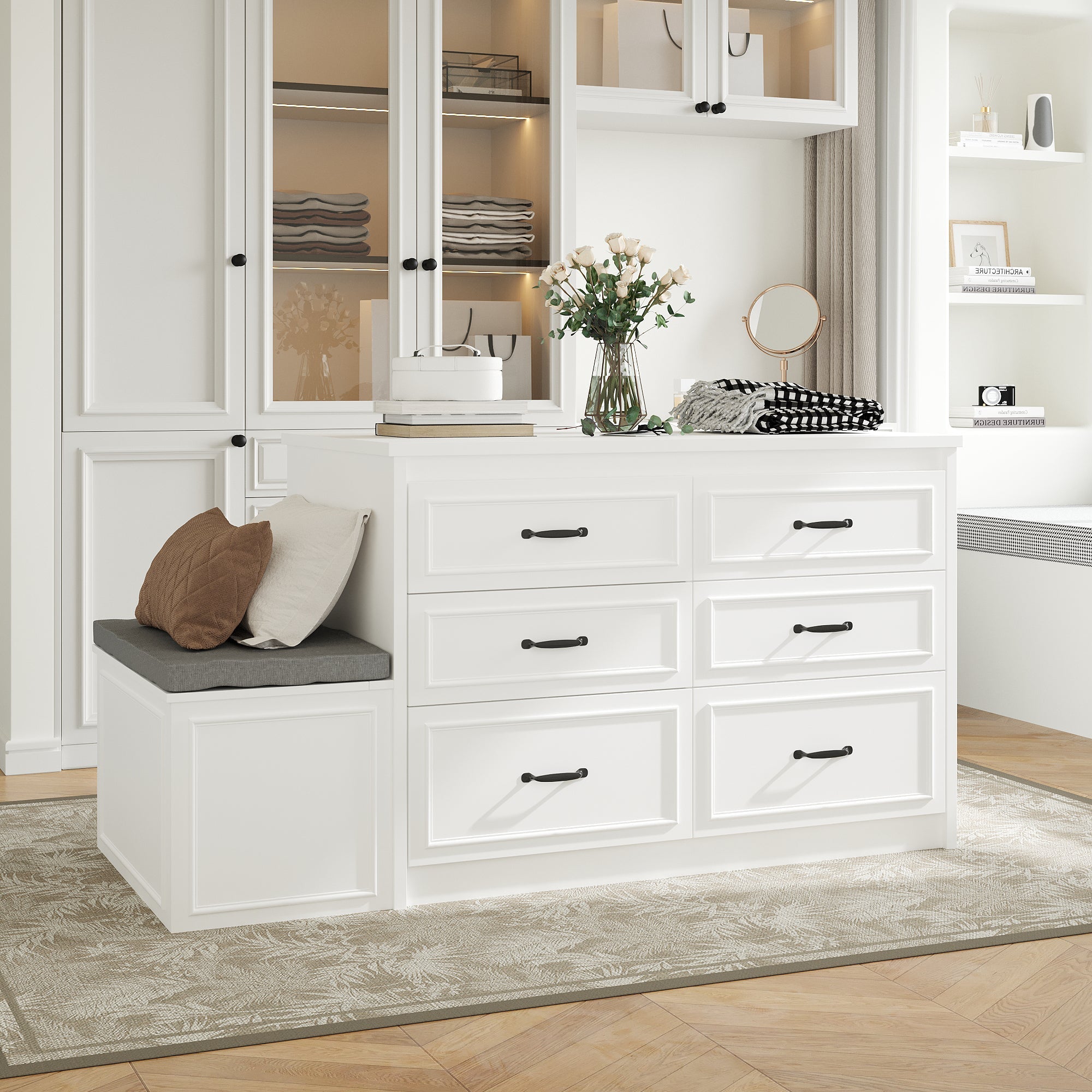 12-Drawer Closet Island With Built-In Shoe Bench