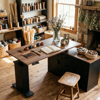 55.1" Rustic Wood L-Shaped Electric Height Adjustable Standing Desk with 3 Drawers and Side Storage Cabinet