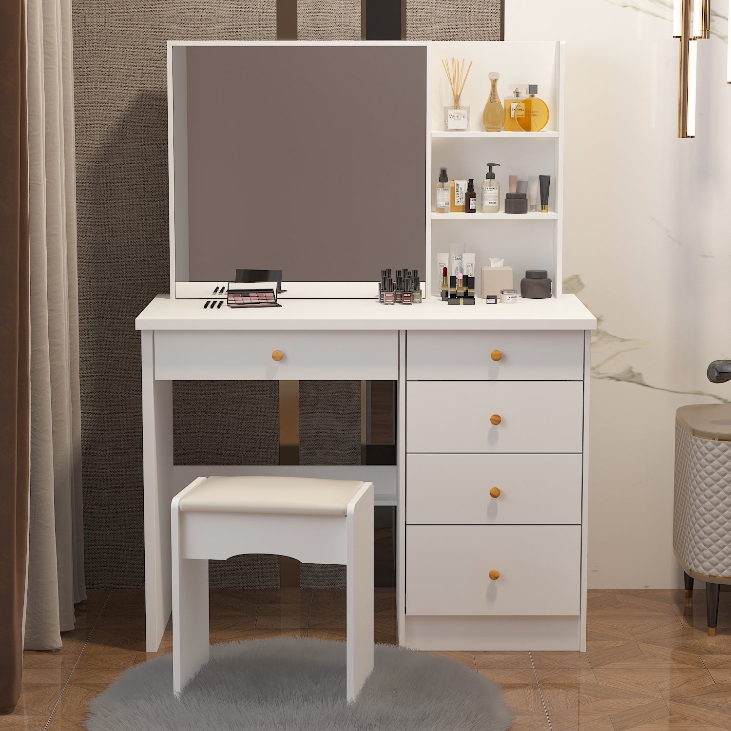Makeup Vanity Set with Cushioned Stool, 5 Drawers & Shelves