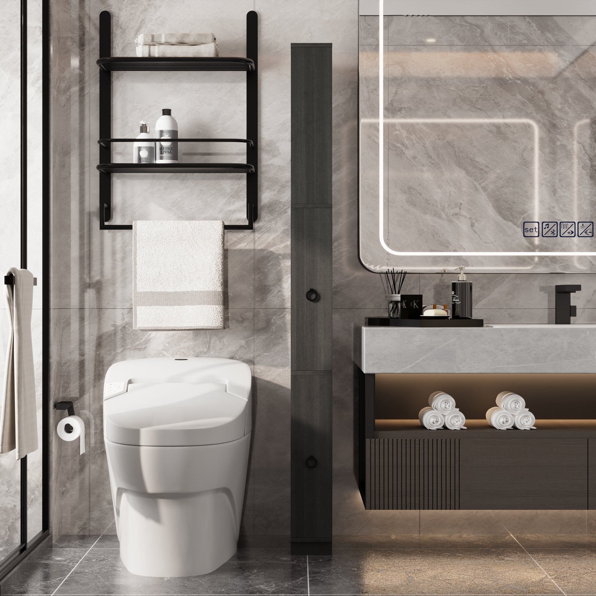 Narrow Bathroom Storage With Shelves And Drawers