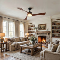 Cozy living room with beige sofas, wooden coffee table, and fireplace.