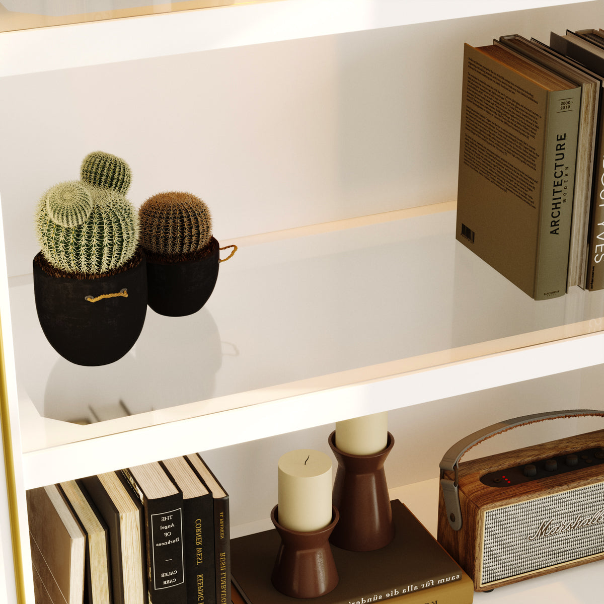 Shelving unit with books, cacti, candles, and a radio.