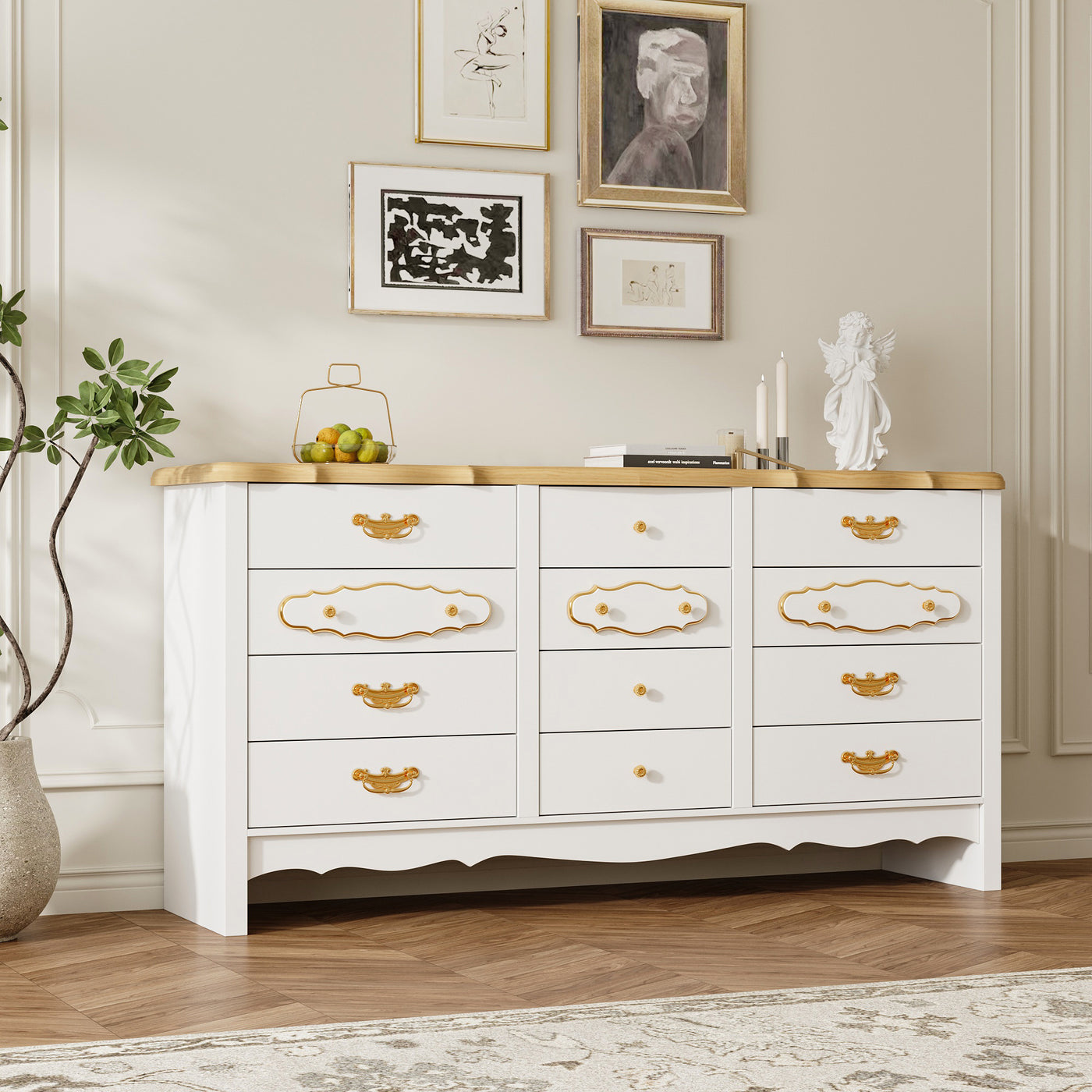 47.2" Elegant White 12-Drawer Accent Chest with Gold Handles