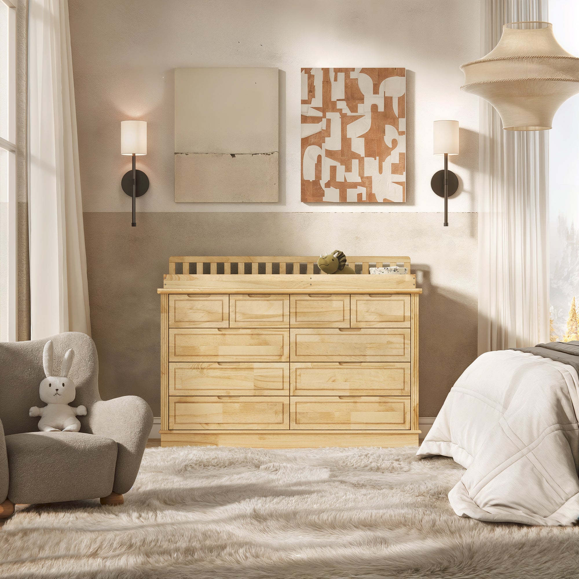 Wood changing table dresser with removable changing topper and multiple drawers
