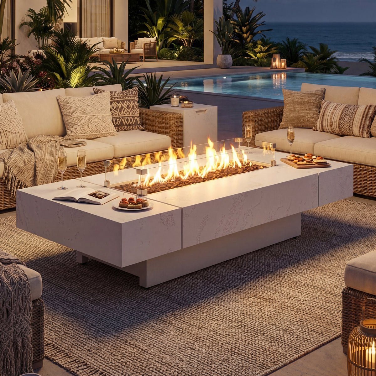 Outdoor patio with fire pit table, couches, and ocean view