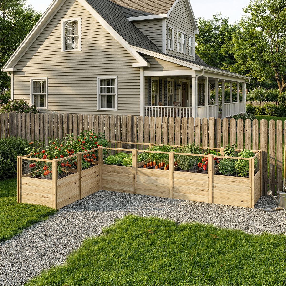 Wooden raised garden beds with plants in front of a house