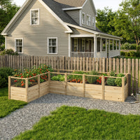 Wooden raised garden beds with plants in front of a house
