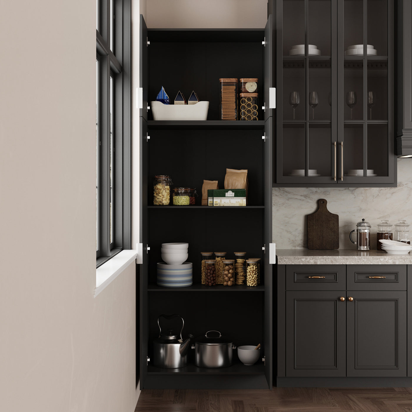 90.6" Tall Black Kitchen Pantry Cabinet with 4 Doors and Adjustable Shelves