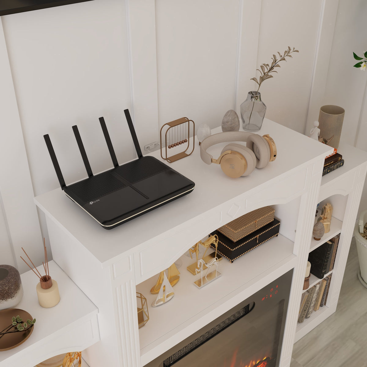 58.8" Modern Classic White TV Stand With Light Electronic Fireplace Open Shelves