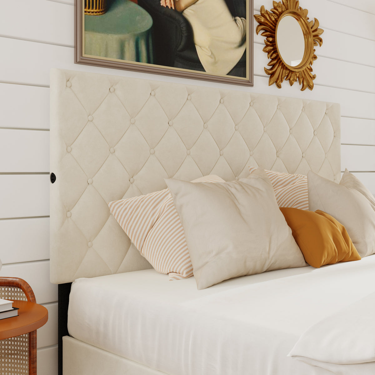 60.8" Modern Beige Platform Bed with Charging Station
