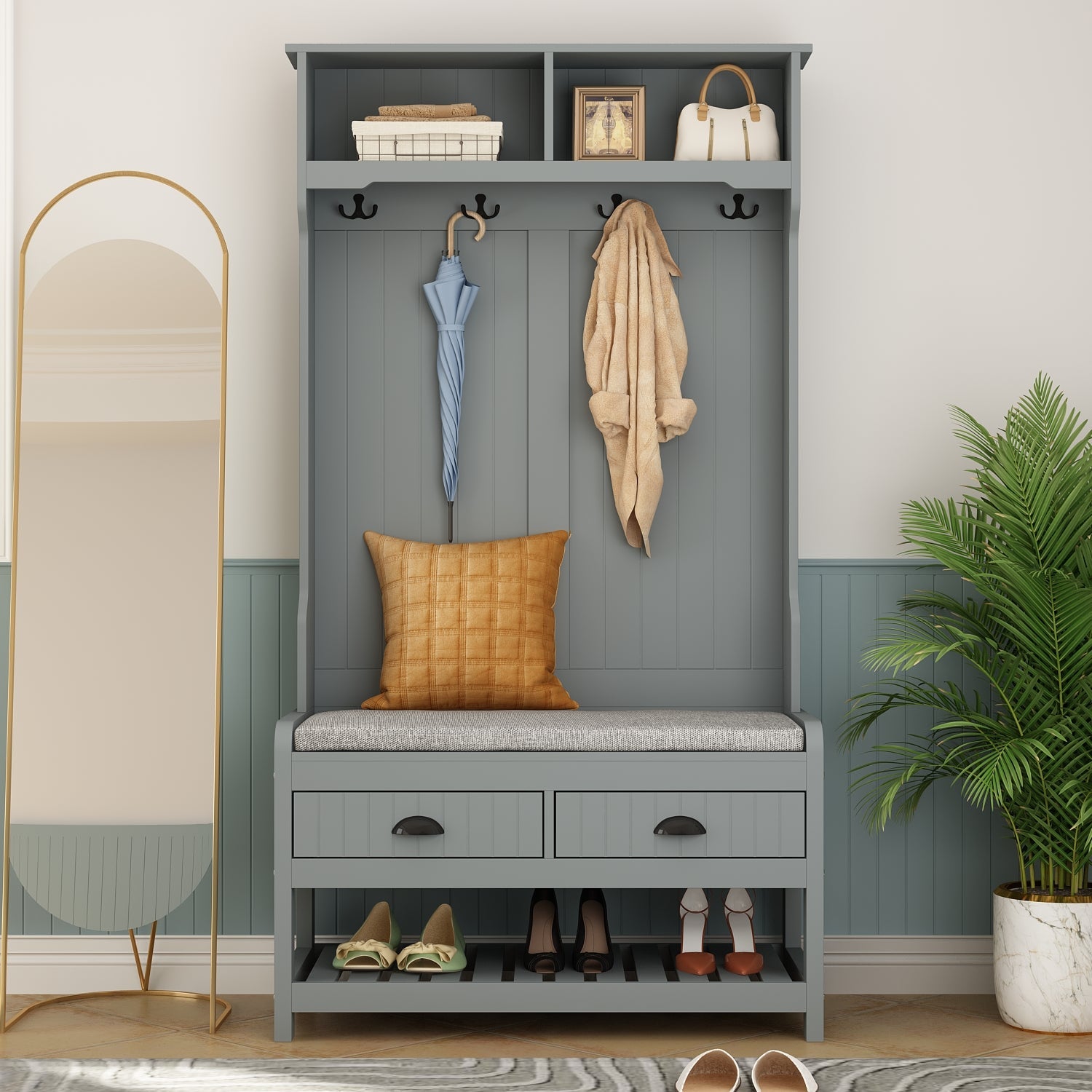 Modern Hall Tree with Storage Bench, 4-in-1 Entryway Bench with Coat Rack, Tall Hall Tree with 4 Metal Double Hooks, Shelves & 2 Drawers for Hallway, Living Room