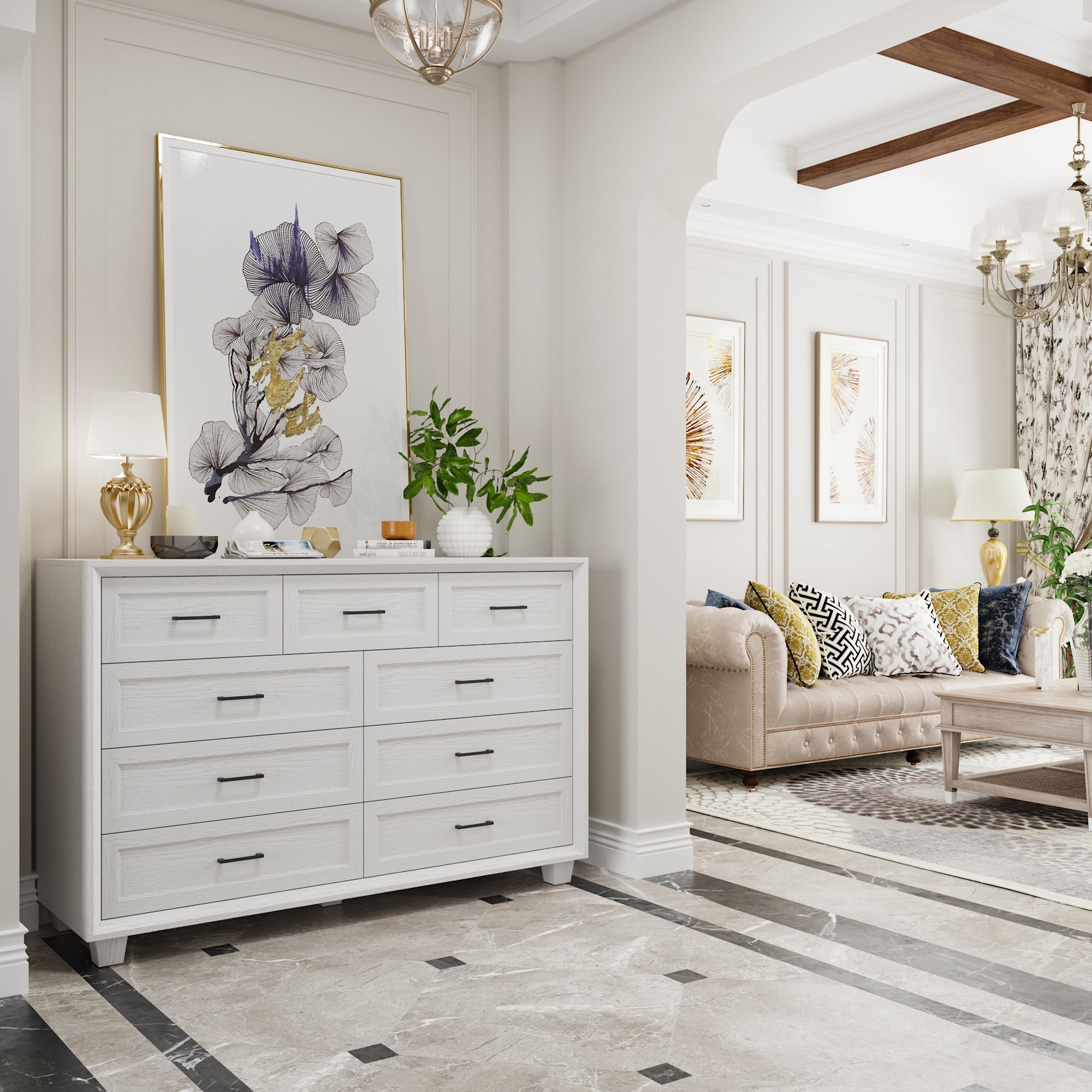 60" Wide 9-Drawer Accent Chest With Metal Handles