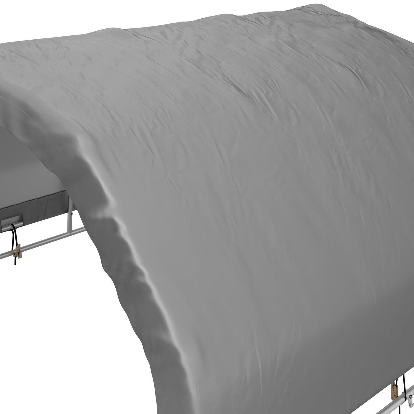 Gray fitted sheet on a bed with a white background