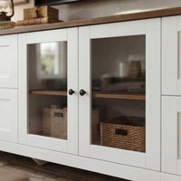 90.6" Modern Farmhouse White and Brown TV Stand with Glass Doors and 10 Storage Compartments
