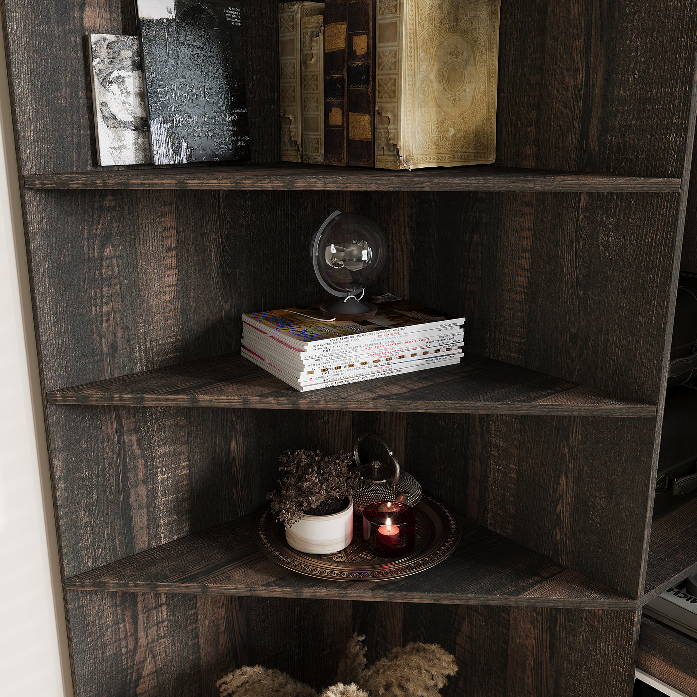 39.3" Trapezoid Brown Bookcase Storage Cabinet with 5-Tier Shelves