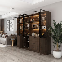 Geyma 94.4" Modern Brown Extra Wide Display Case with LED Lights & 6 Glass Doors
