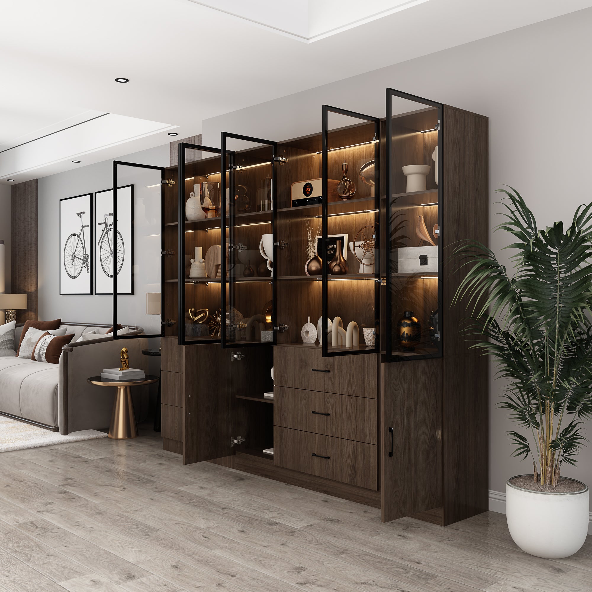 94.4" Wide Glass Door & LED Lights Display Case Curio Cabinet