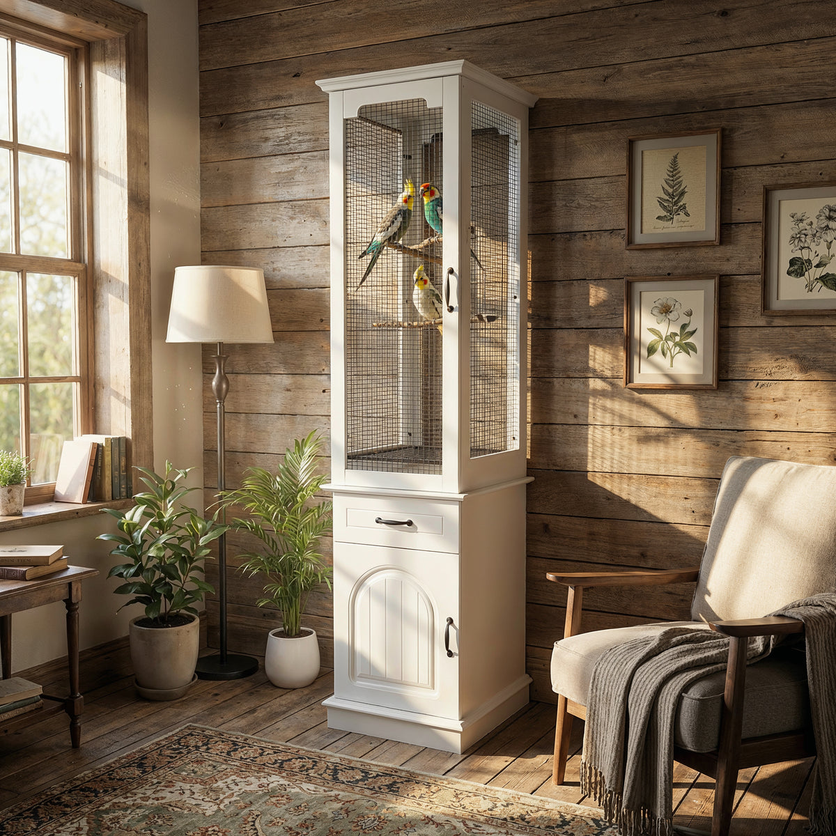 White birdcage in a sunlit room with wooden walls, plants, and a chair.