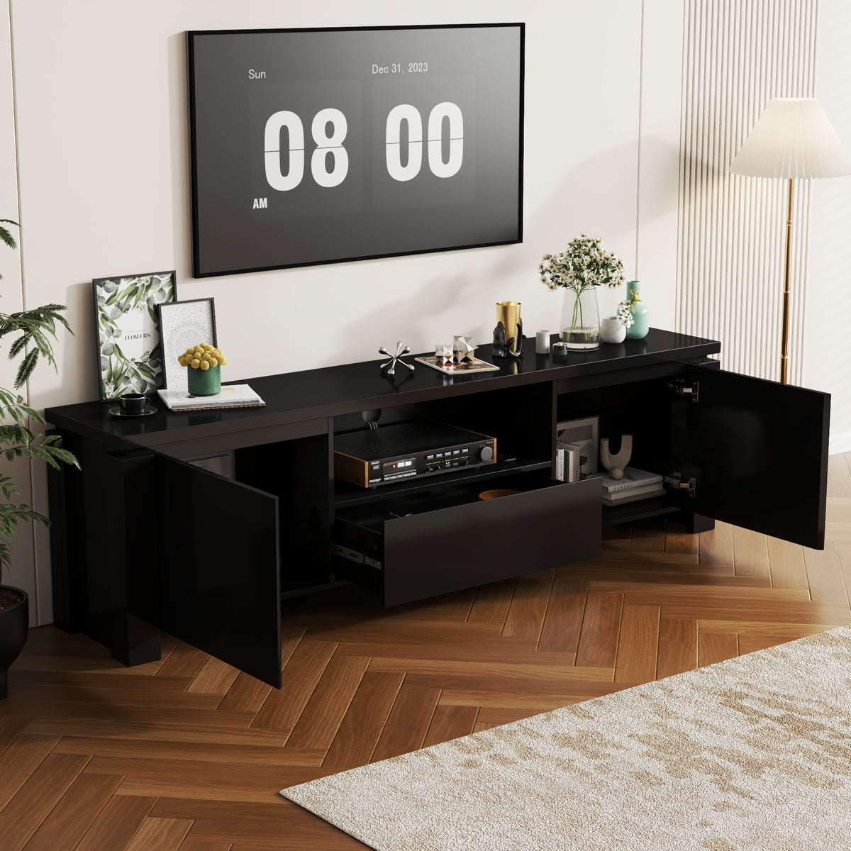 70" Modern Black TV Stand with LED Lights & Storage