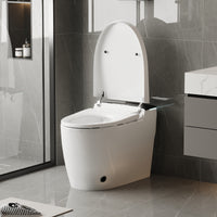 White smart toilet with closed lid, digital display, and built-in bidet