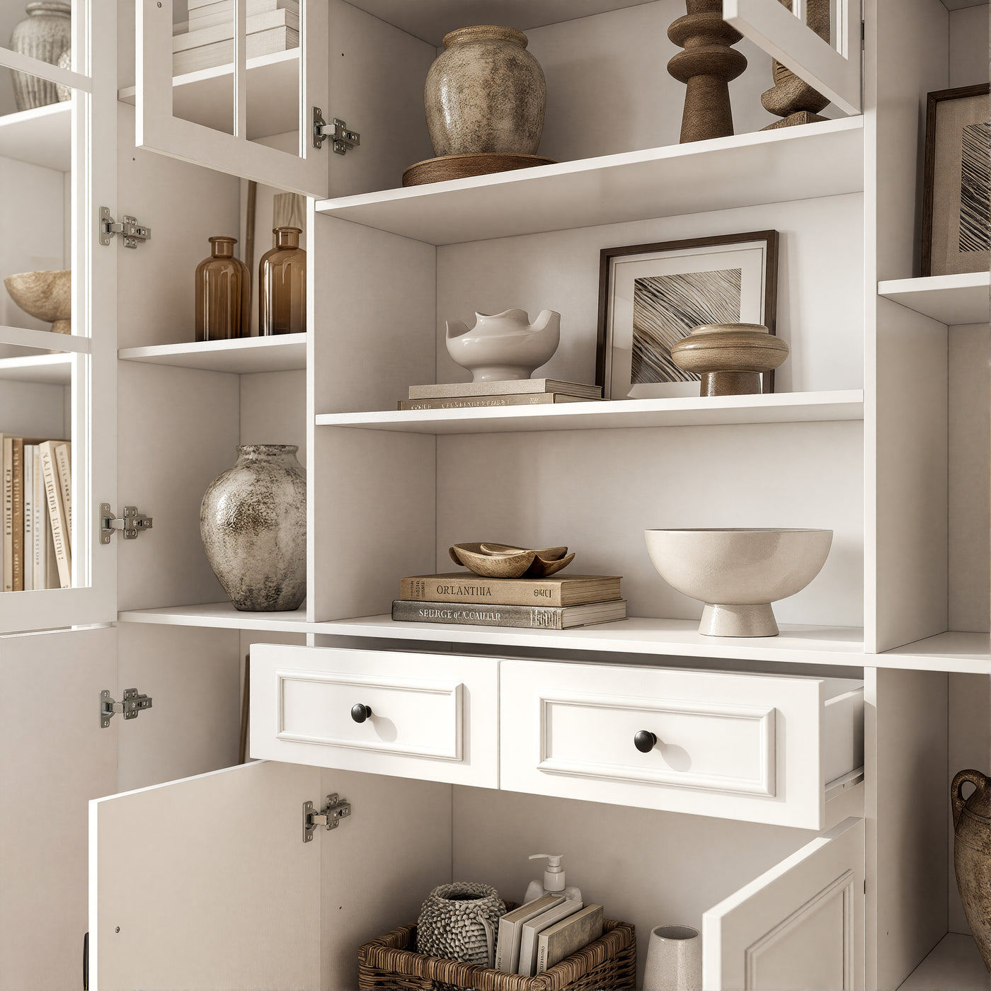 Sofna 110" Elegant Large White Standard Storage Bookcase with Glass Doors