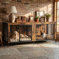 78.7" Rustic Wood Double Dog Crate End Table with Divider & Raised Legs