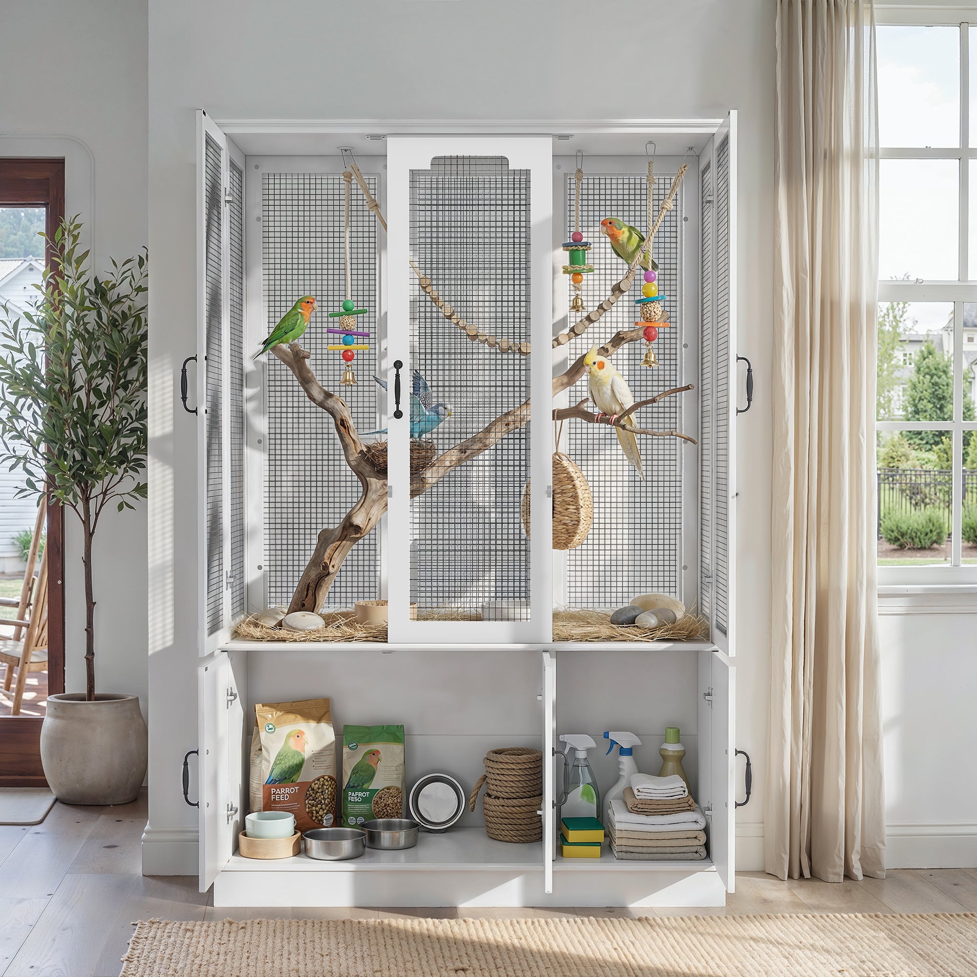 Large birdcage with birds inside, placed in a room with a plant and window.