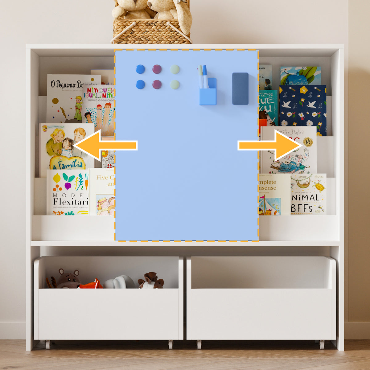 39.4" Modern White Kids Bookcase with Magnetic Whiteboard Doors