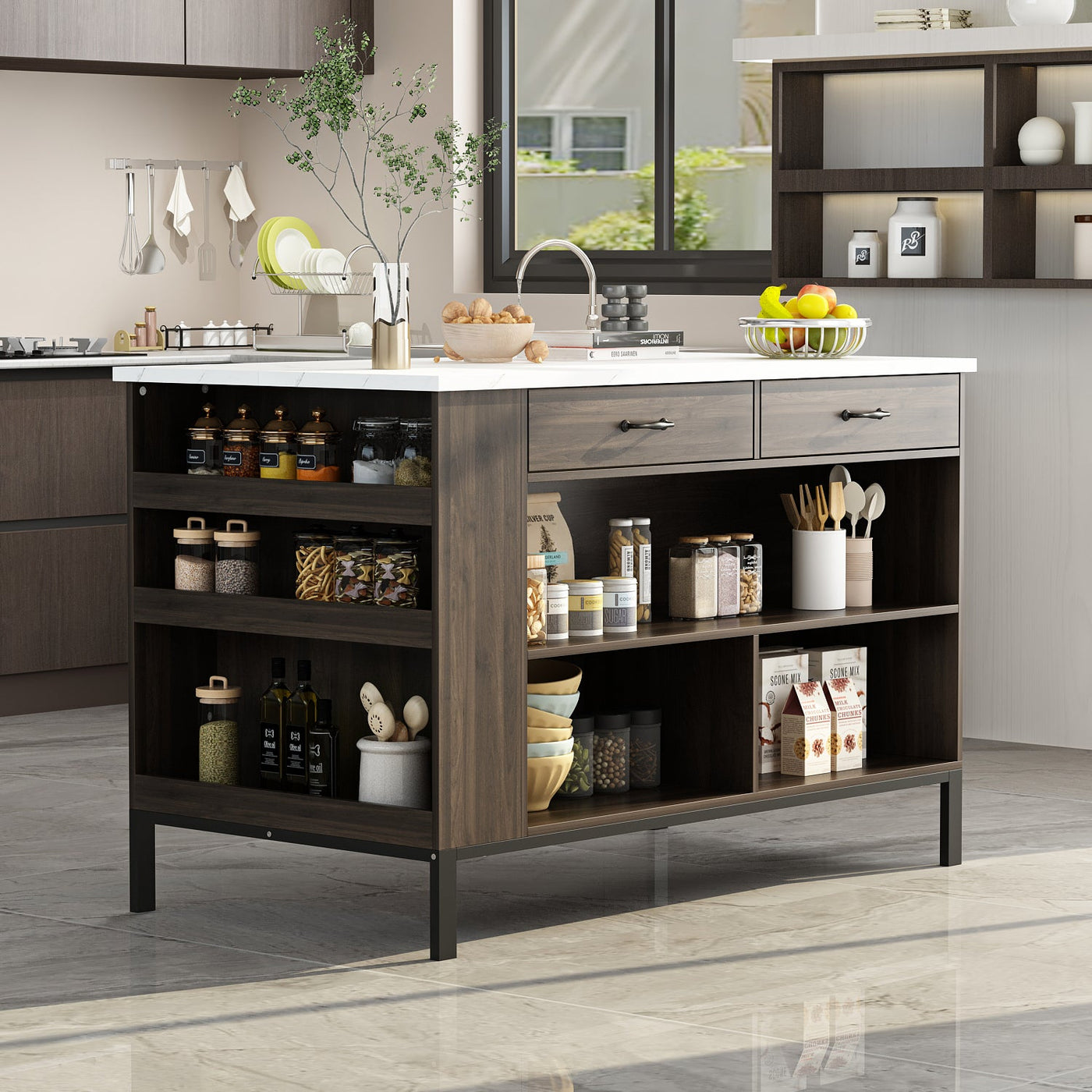 55.1" Modern Kitchen Island with 2 Drawers and Open Storage Shelves