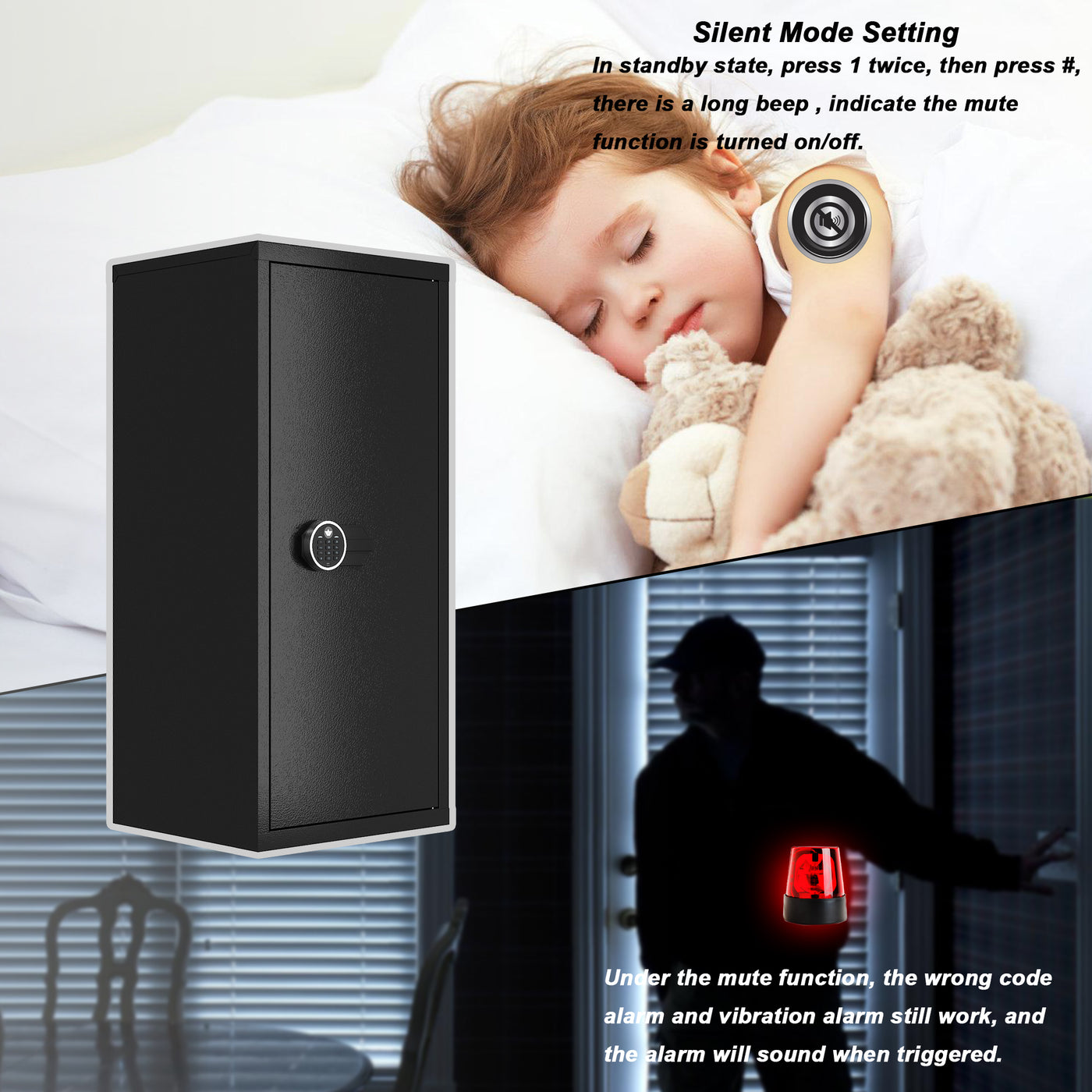 62" Modern Black Gun Safe Storage Cabinet with Sensor Light and Pistol Rack