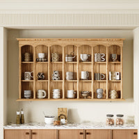 Wood wall cabinet with glass doors and open cubby shelves