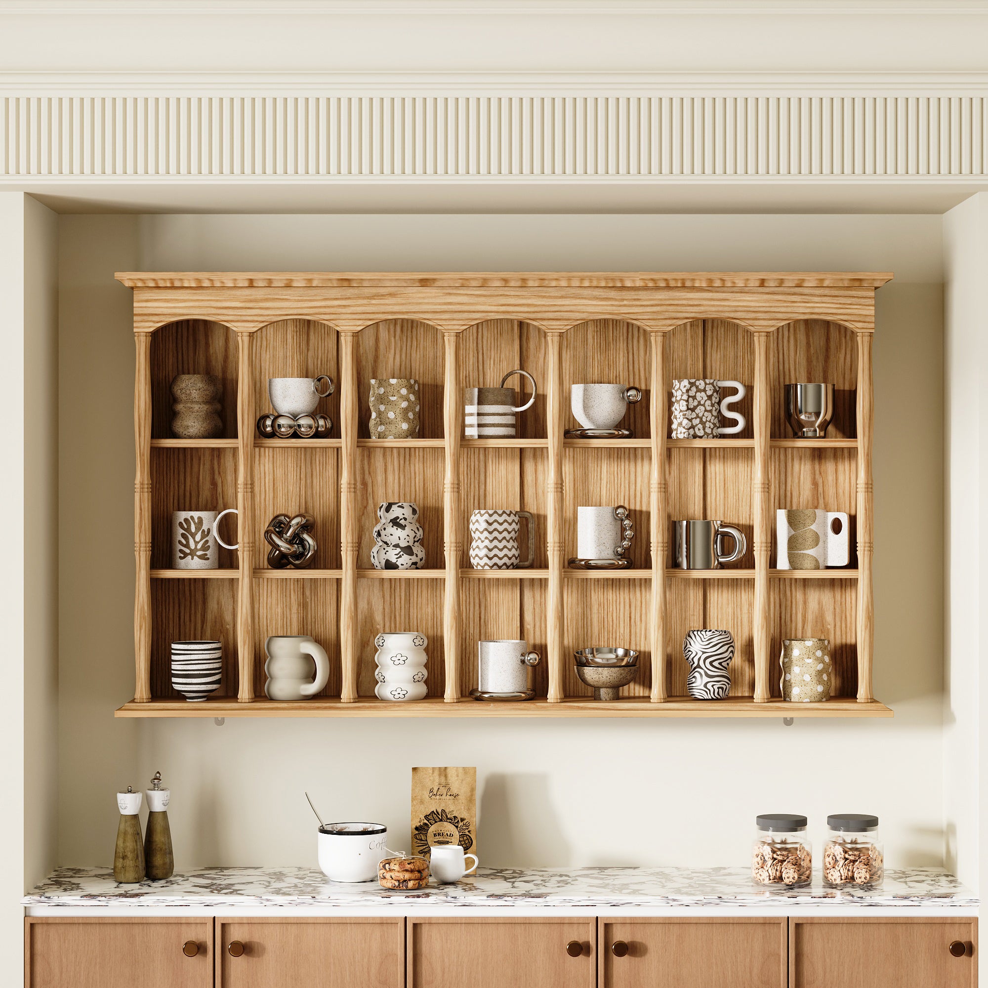 Wood wall cabinet with glass doors and open cubby shelves