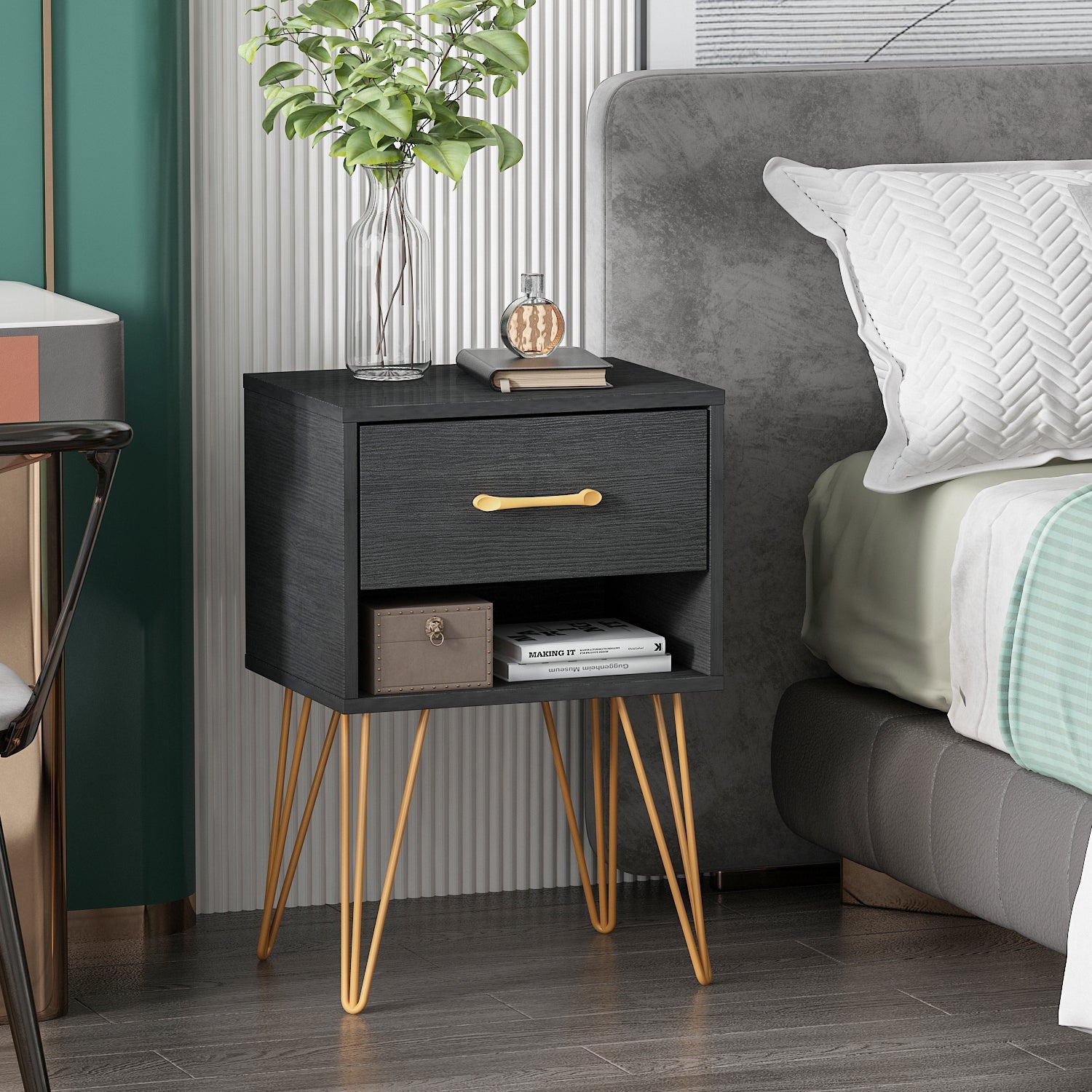End Table Nightstand Dresser Mini Sofa Side Table with Gold Legs for Bedroom